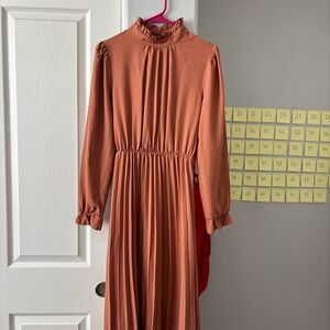 Women's Long Sleeve Ruffled High Neck Dress - Rust